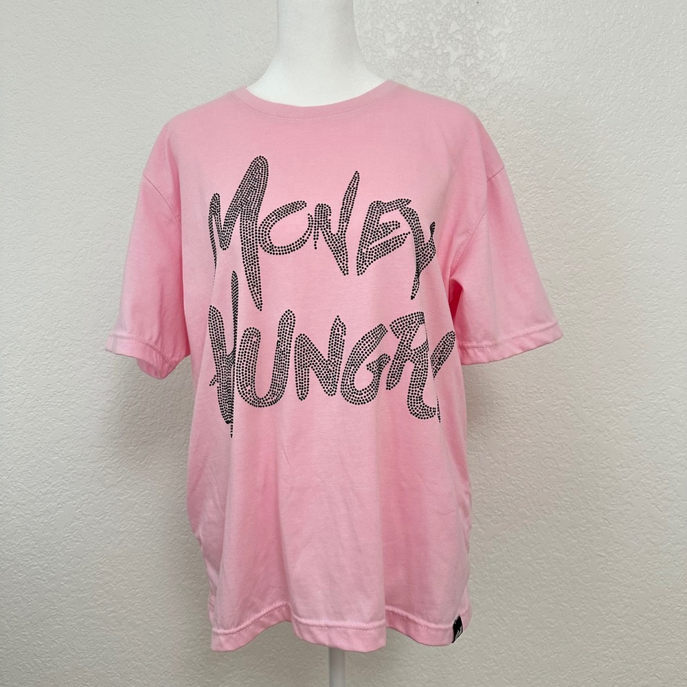 Money Hungry Oversized T-Shirt Crewneck Small Pink Rhinestone Graphic Streetwear